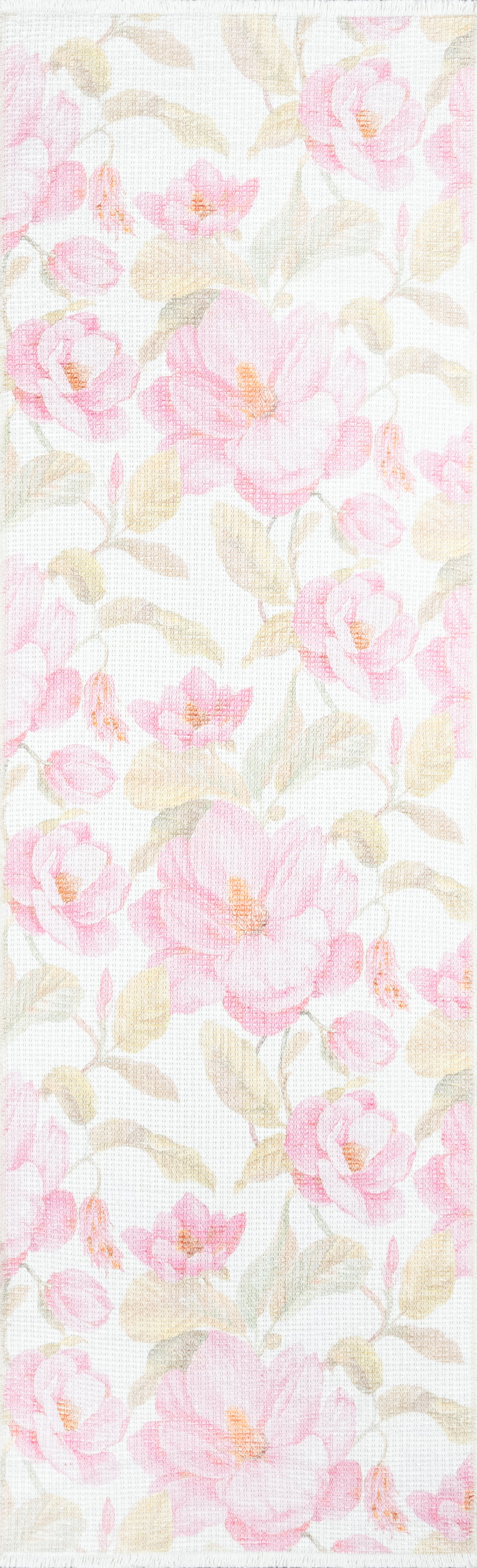 Pastel pink rose floral rug on white background with beige leaves and soft woven texture, 3' x 10' runner.