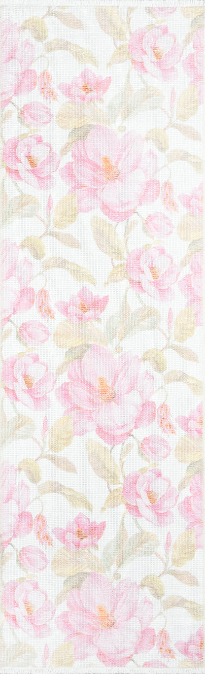 Soft pink rose floral pattern on white textured rug with beige-green leaves, watercolor style.