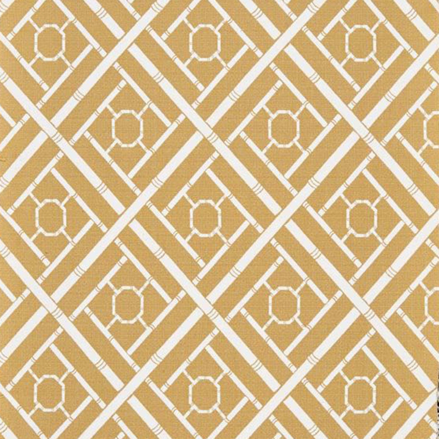 Gold and white geometric lattice fabric with interlocking diamonds and circular motifs.