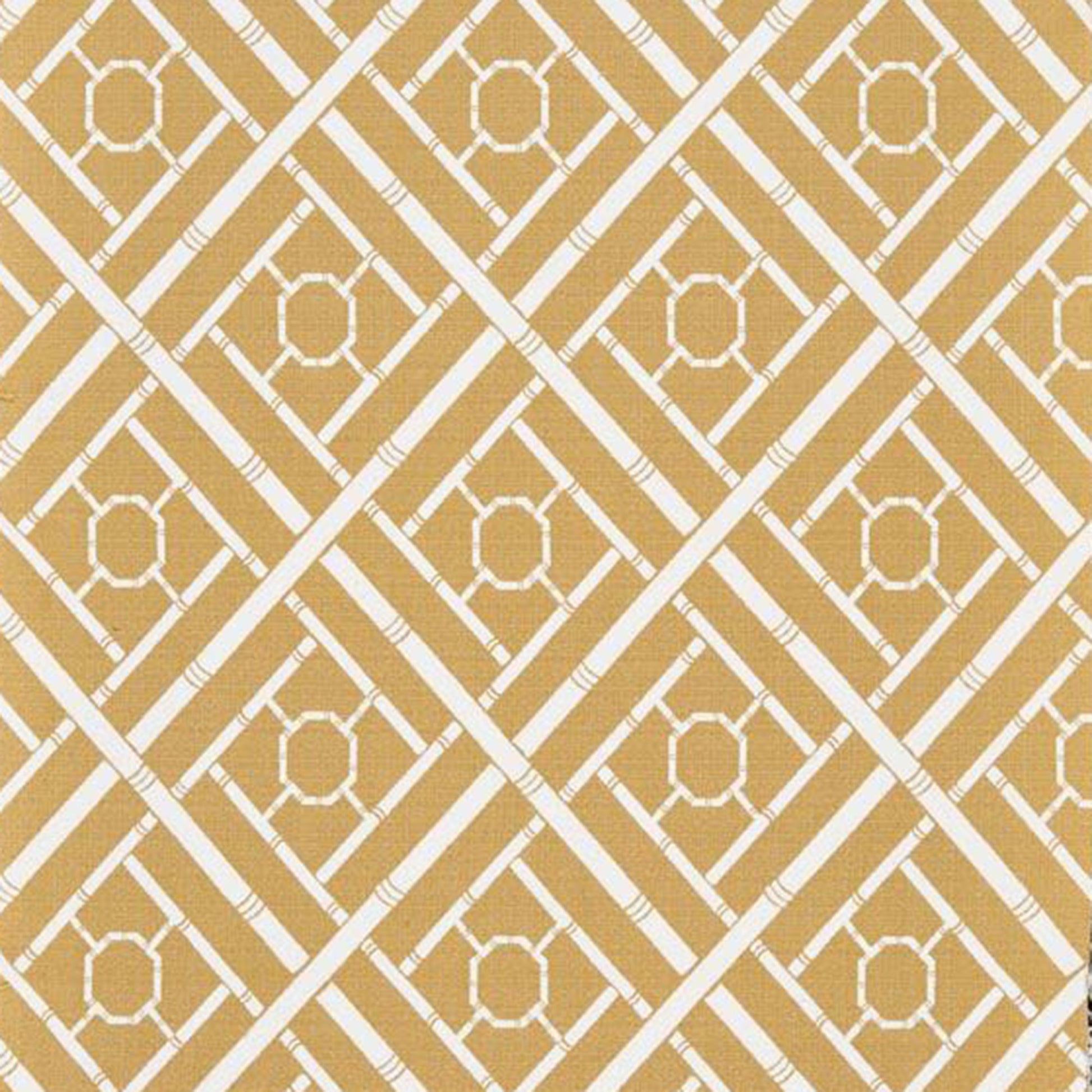 Gold and white geometric lattice fabric with interlocking diamonds and circular motifs.