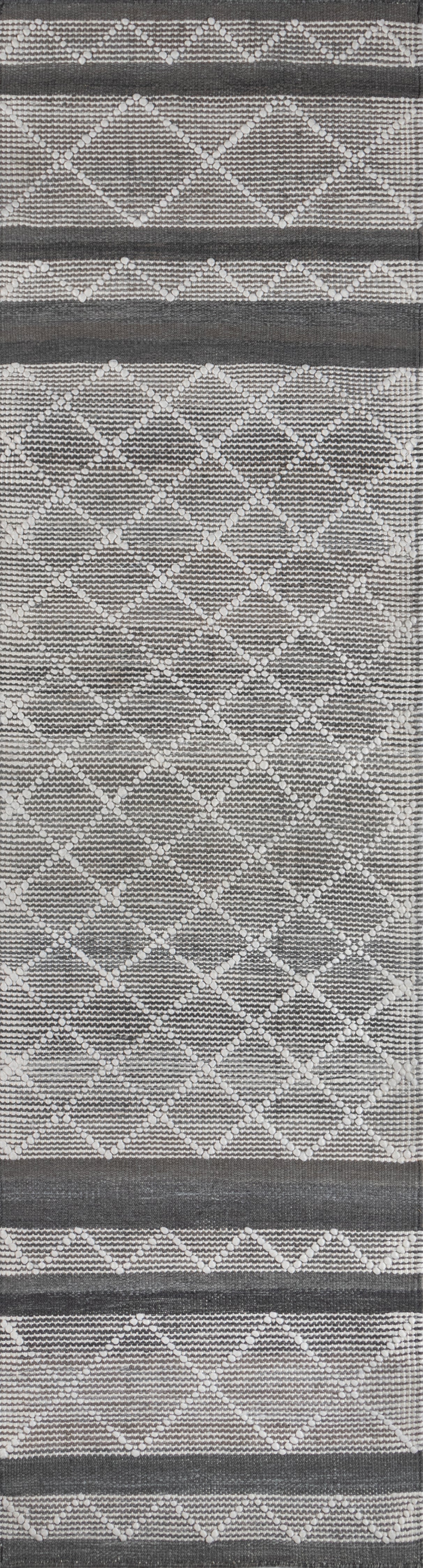 Gray woven rug with white dotted diamond lattice pattern and dark horizontal bands; contemporary geometric floor decor.