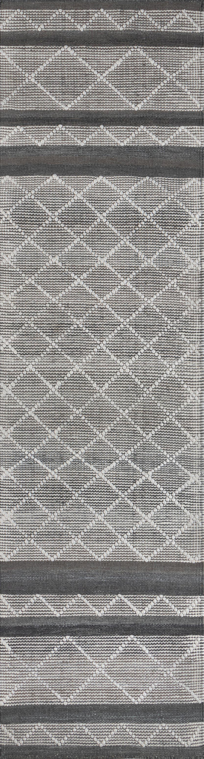 Gray woven rug with white dotted diamond lattice and dark charcoal stripes.