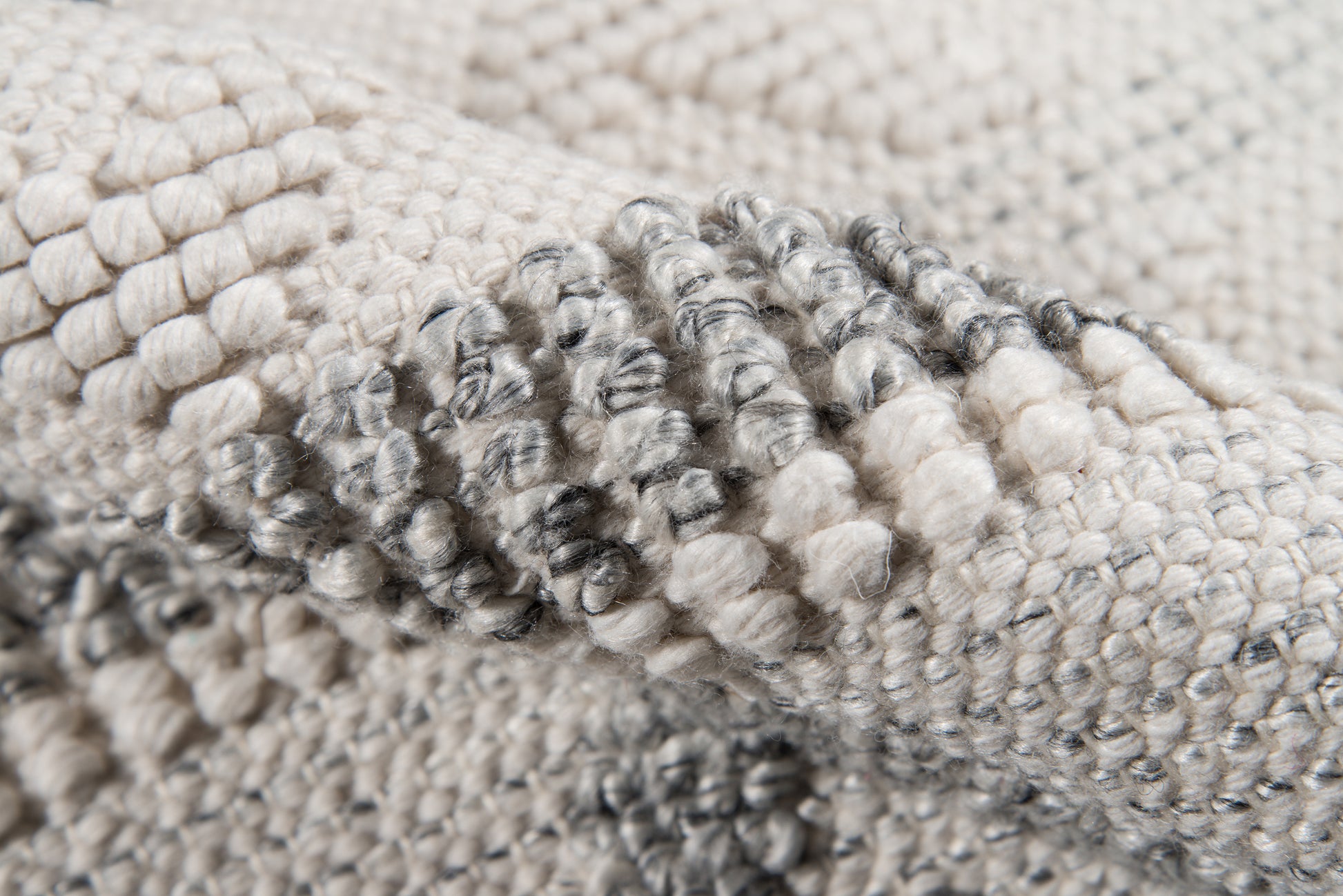 Ivory and grey chunky boucle runner with soft looped texture and woven pile, cozy living room accent.