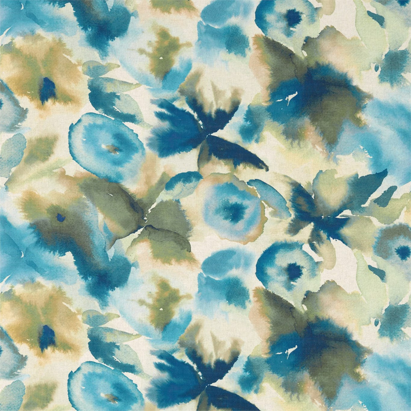 Watercolor floral print in blues, teals, and greens with soft beige accents; painterly fabric pattern for apparel or decor.