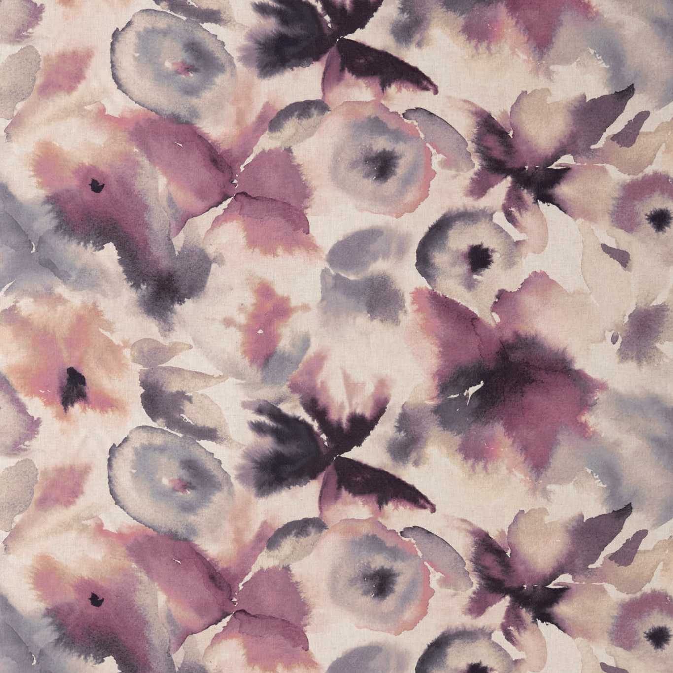 Watercolor floral print in soft purples, pinks, lavenders and grays with blurred petals.