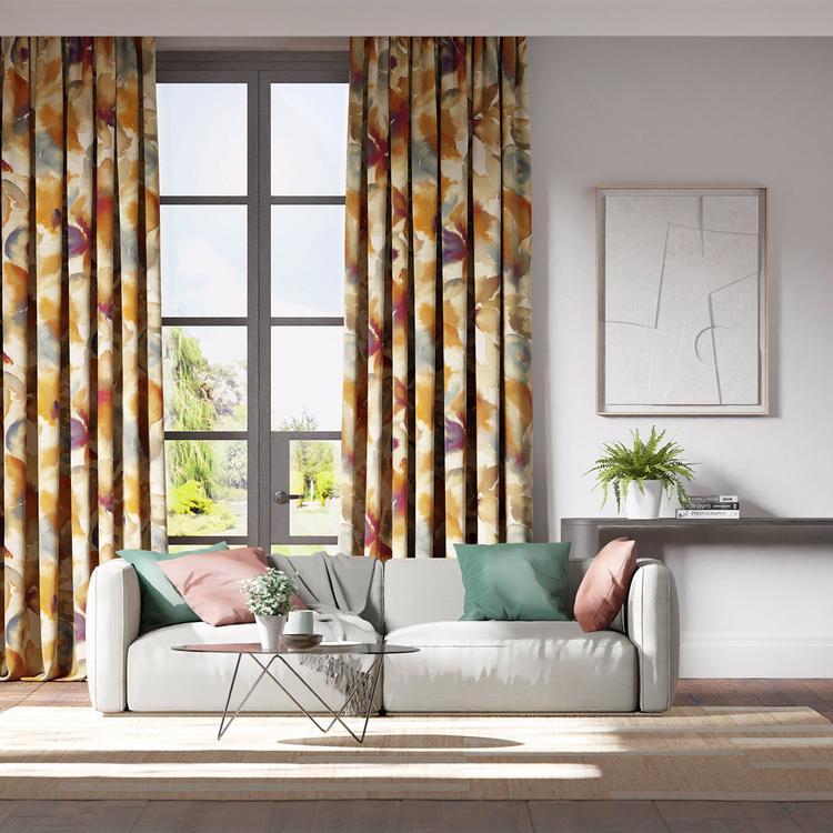 Harlequin Tresillo “Flores” fabric showing abstract watercolor floral design in rust, ruby, and blue tones on linen‑viscose blend — ideal for curtains, upholstery, cushions, and statement interiors.