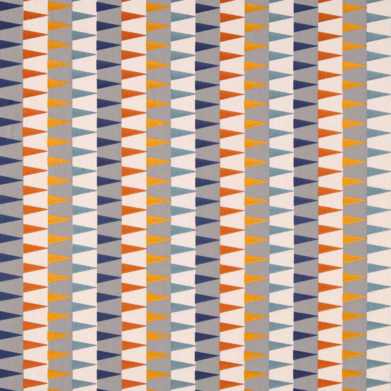 Geometric fabric with rust and navy triangles on gray and white vertical stripes; modern decor textile.
