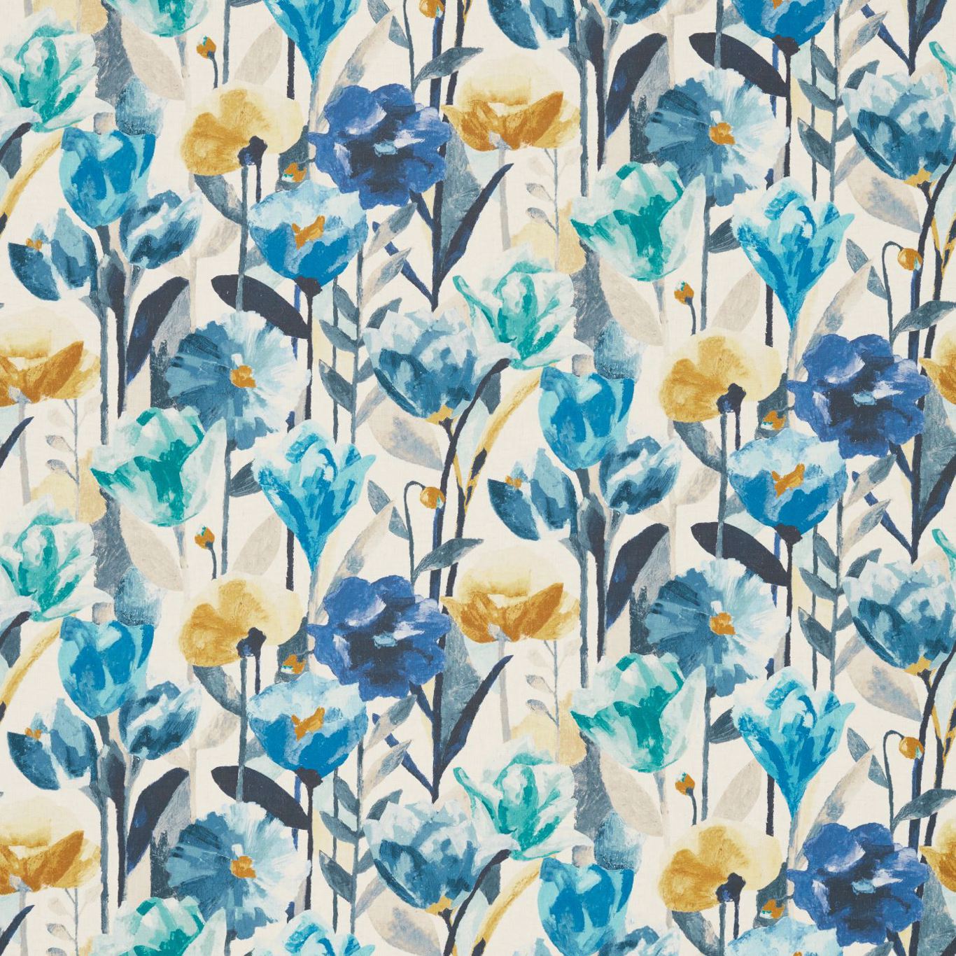 HARLEQUIN Verdaccio Fabric Contemporary, Floral Mustard,Marine,Steel   - HFAU120520