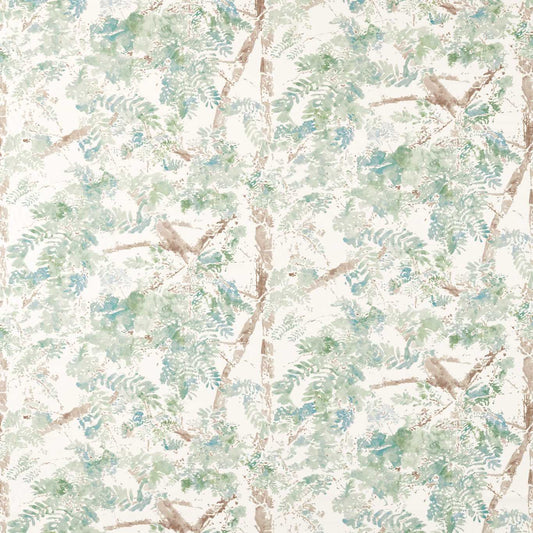 Watercolor-style botanical wallpaper featuring teal-green ferns and light brown branches on cream background.