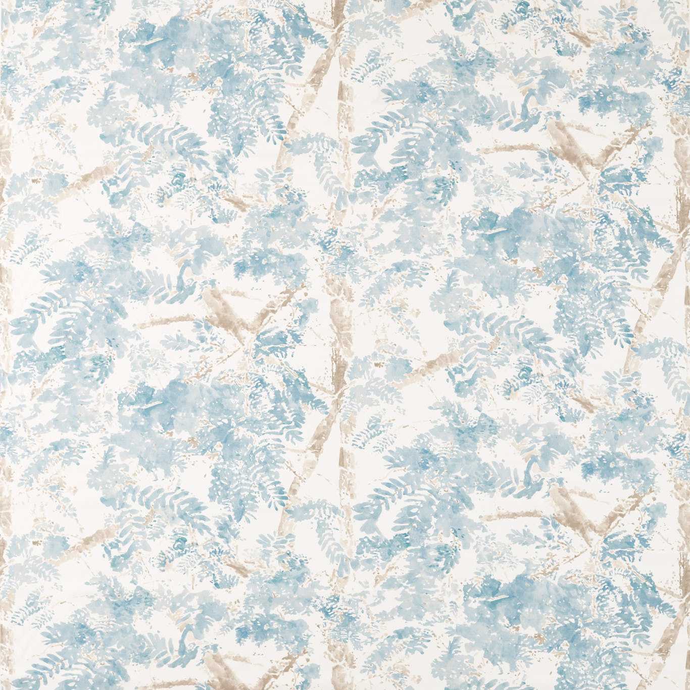 Watercolor-style blue fern leaf wallpaper with beige branches on an off-white background.