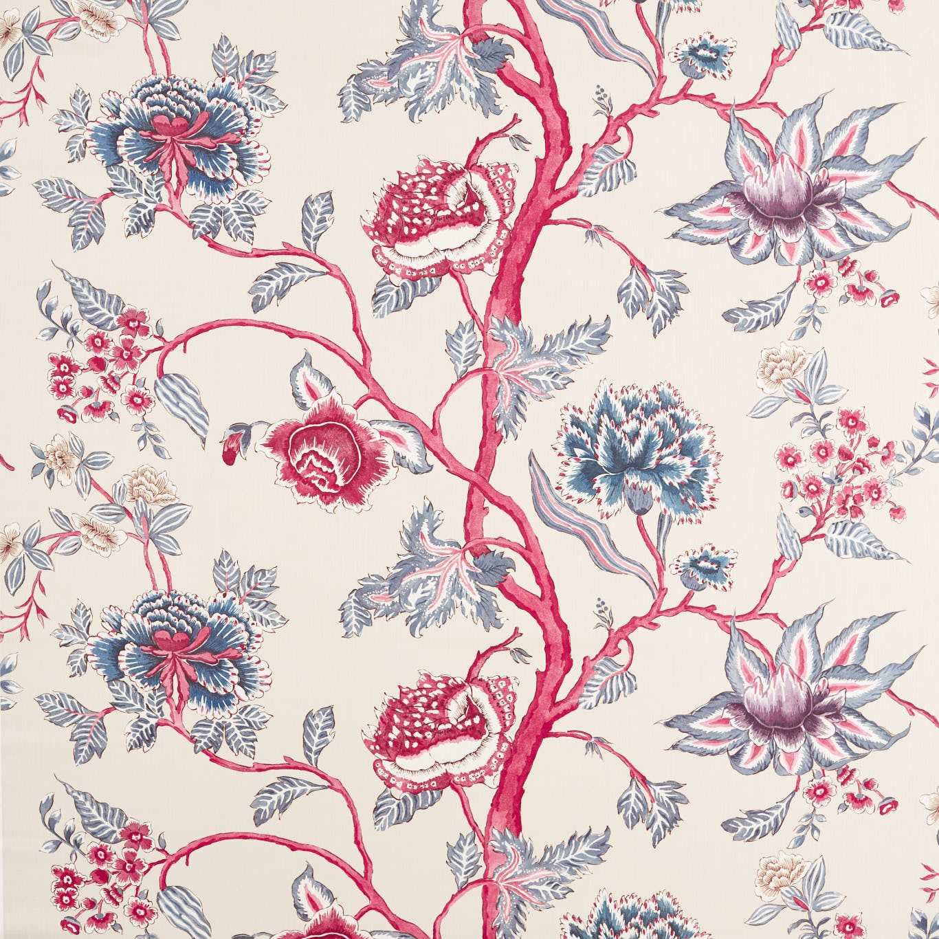 Cream background with vivid pink vines and large blue-gray and pink blossoms in a vintage botanical pattern.