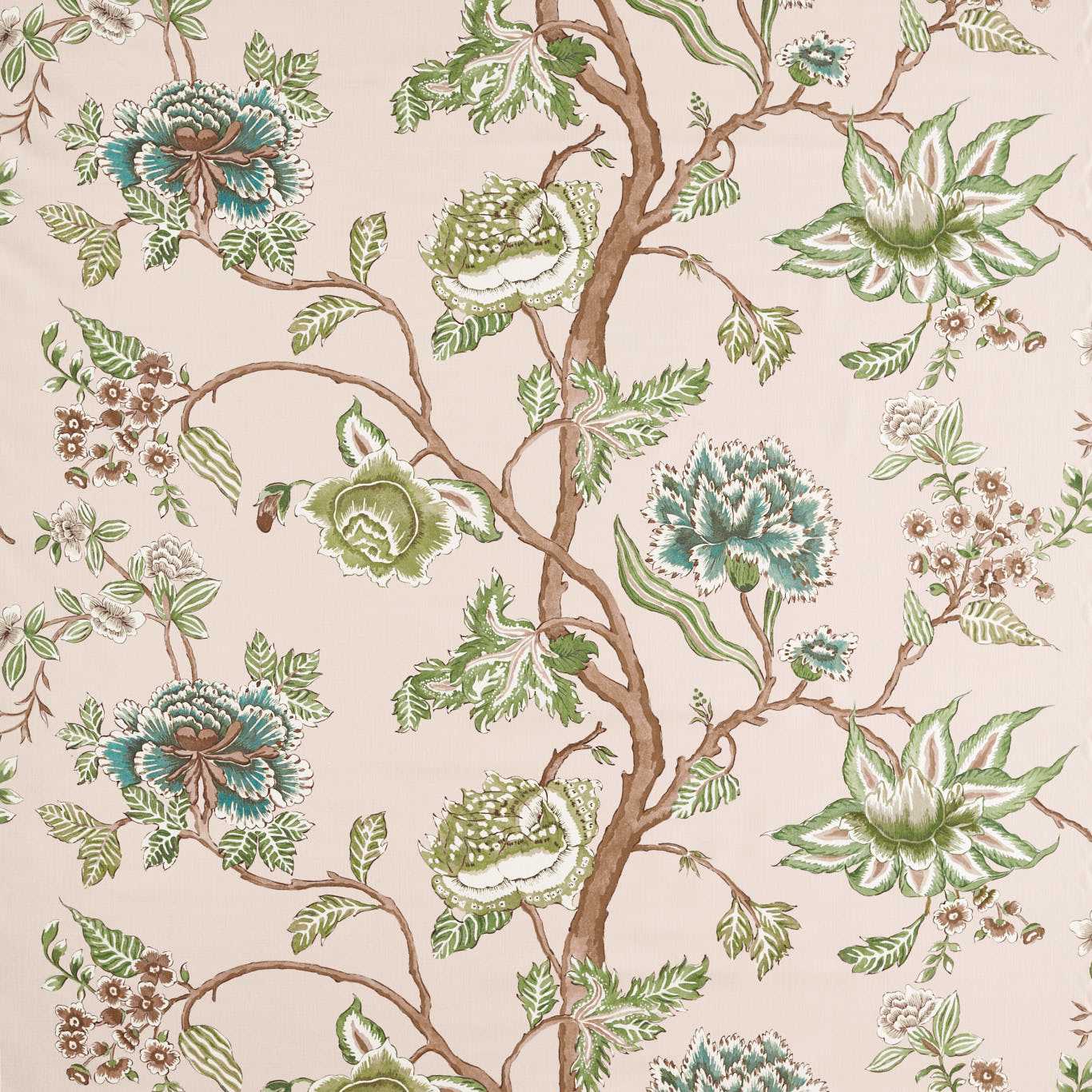 Beige-pink floral wallpaper with twisting brown branches and teal blooms, green leaves in a vintage botanical pattern.