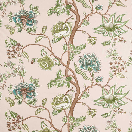 Beige-pink floral wallpaper with twisting brown branches and teal blooms, green leaves in a vintage botanical pattern.