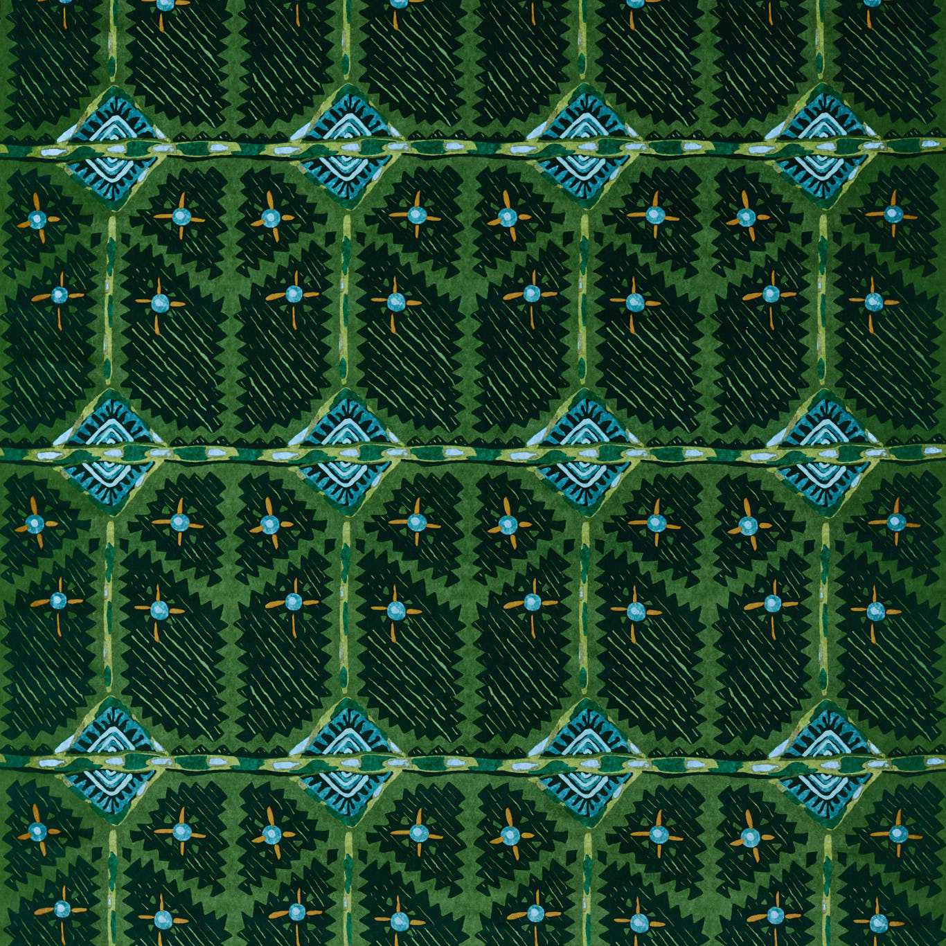 Emerald green fabric with teal diamond medallions connected by lime lattice, blue floral motifs.