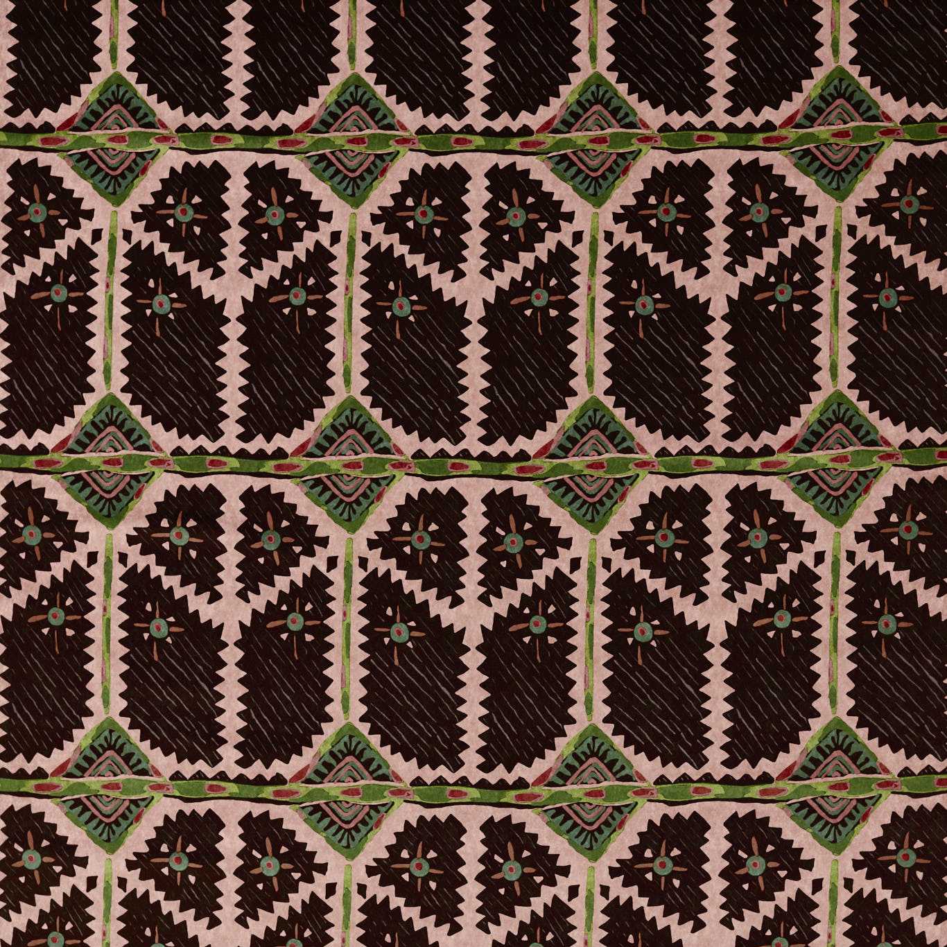 Tribal geometric velvet print with charcoal jagged diamonds on blush background, green borders and teal centers with red accents.
