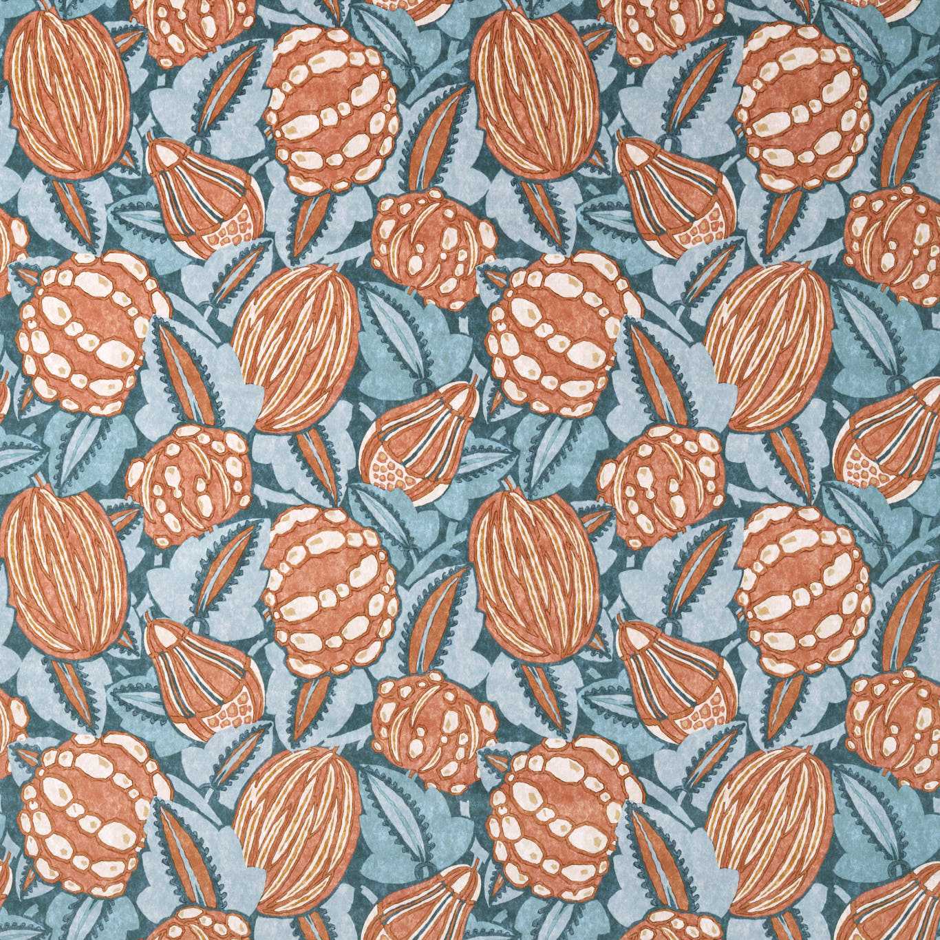 Botanical print with orange seed pods and round fruits on a blue-green background, teal leaves.