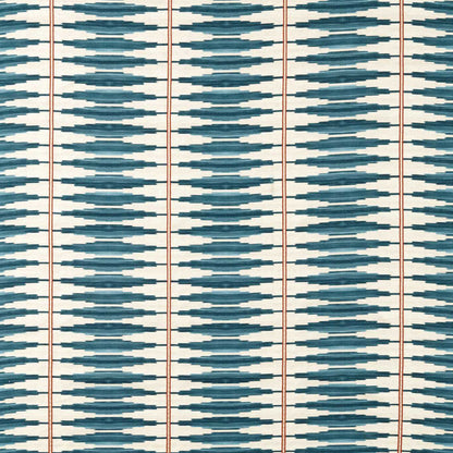 Harlequin Cintilla Denim Rust fabric with printed ikat stripe and embroidered stitch detailing in denim blue and rust tones, luxurious designer textile perfect for drapery, cushions, wall panels, and bold home décor projects.