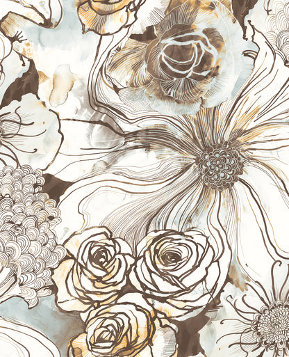 Harry & Grace Ink Rose Peel and Stick Wallpaper in Mocha and Blue Mist featuring elegant floral rose design in soft brown and muted blue tones. Removable wallpaper ideal for accent walls, bedrooms, bathrooms, rentals, and easy DIY interior decorating with a modern botanical style.