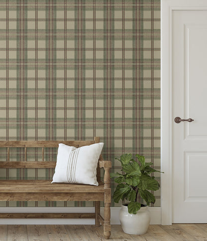 Harry & Grace HG13707 Herringbone Plaid peel‑and‑stick wallpaper in clay & sage — beige, tan, sage and soft green plaid pattern, ideal for accent walls, living rooms, or home offices