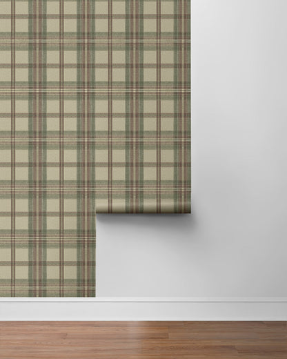 Harry & Grace HG13707 Herringbone Plaid peel‑and‑stick wallpaper in clay & sage — beige, tan, sage and soft green plaid pattern, ideal for accent walls, living rooms, or home offices