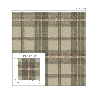 Harry & Grace HG13707 Herringbone Plaid peel‑and‑stick wallpaper in clay & sage — beige, tan, sage and soft green plaid pattern, ideal for accent walls, living rooms, or home offices