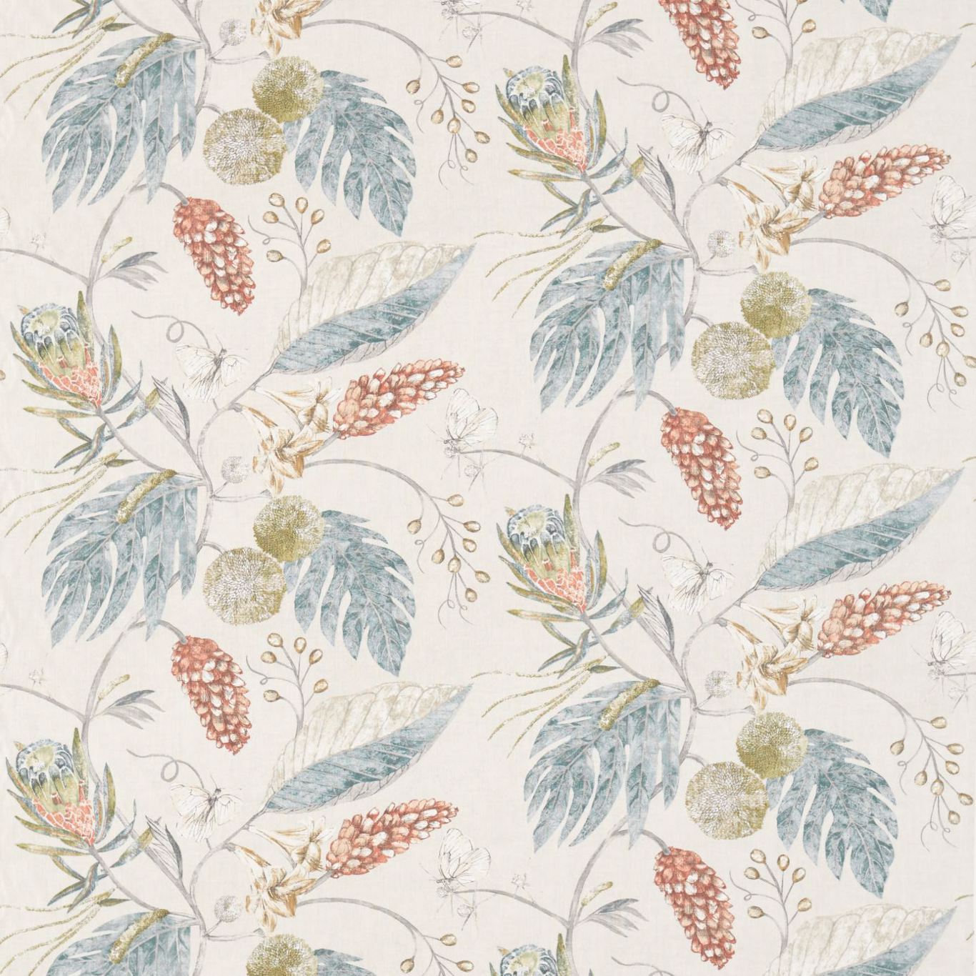 Harlequin Amborella Fabric in Olive & Seaglass, featuring delicately drawn butterflies, pinecones, and exotic flowers in botanical colorways, perfect for light upholstery, cushions, curtains, and luxury home décor projects.