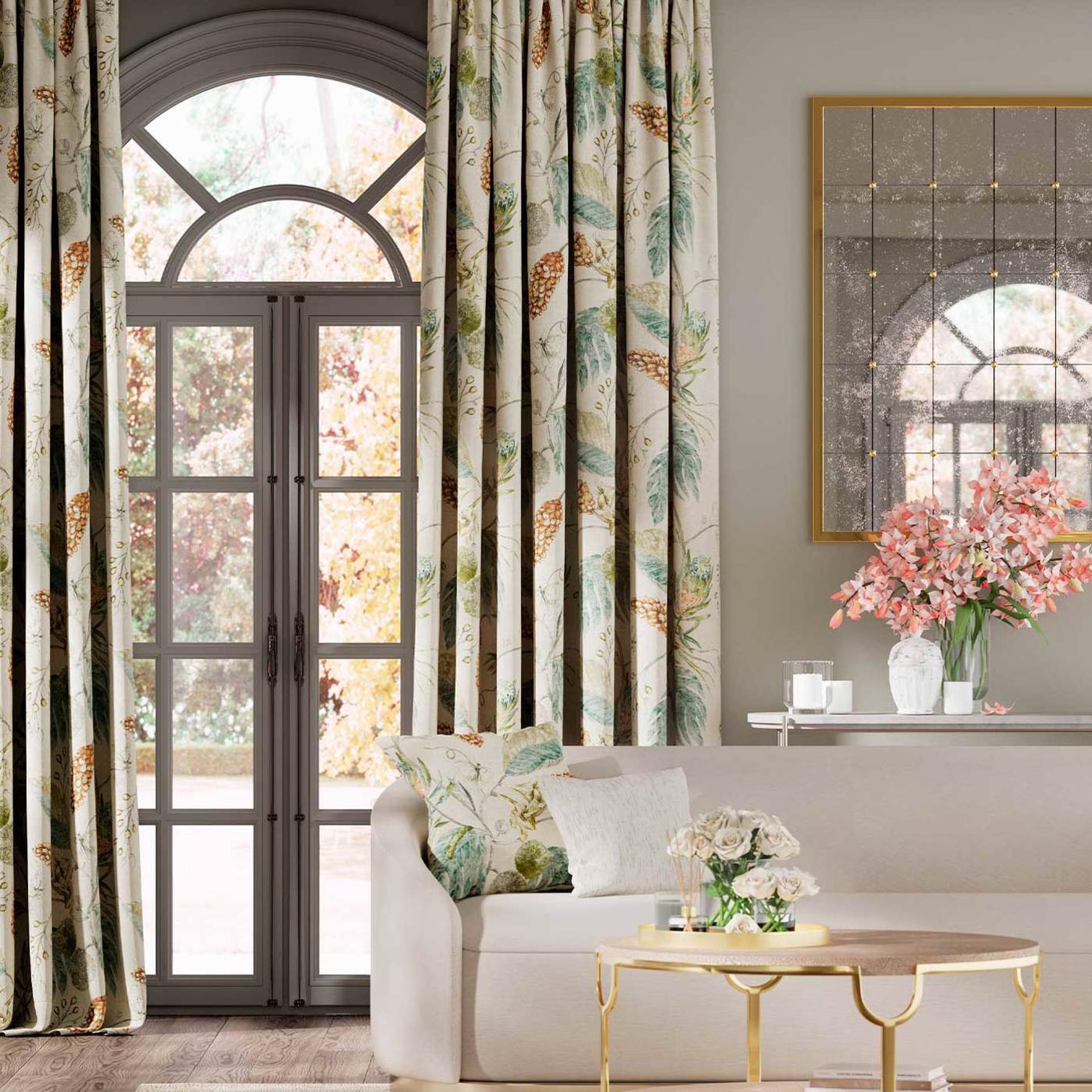 Harlequin Amborella Fabric in Olive & Seaglass, featuring delicately drawn butterflies, pinecones, and exotic flowers in botanical colorways, perfect for light upholstery, cushions, curtains, and luxury home décor projects.