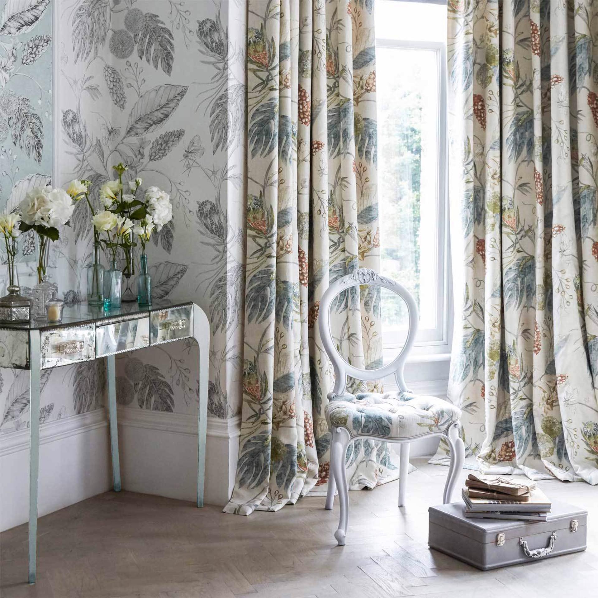 Harlequin Amborella Fabric in Olive & Seaglass, featuring delicately drawn butterflies, pinecones, and exotic flowers in botanical colorways, perfect for light upholstery, cushions, curtains, and luxury home décor projects.