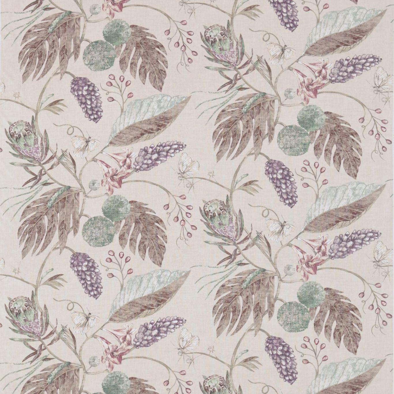 Beige botanical fabric pattern with brown leaves, purple grape-like clusters, mint-green berries, and delicate vines.
