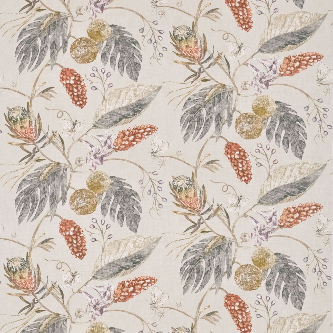 Fabric with a floral botanical pattern on a beige background featuring grey-green leaves, rust-red seed pods and gold accents.