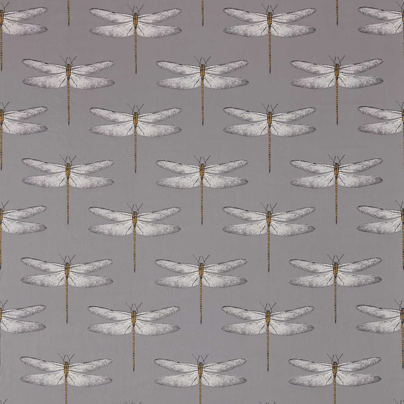 Grey-lavender fabric print with a repeating pattern of brown damselflies and translucent veined wings.