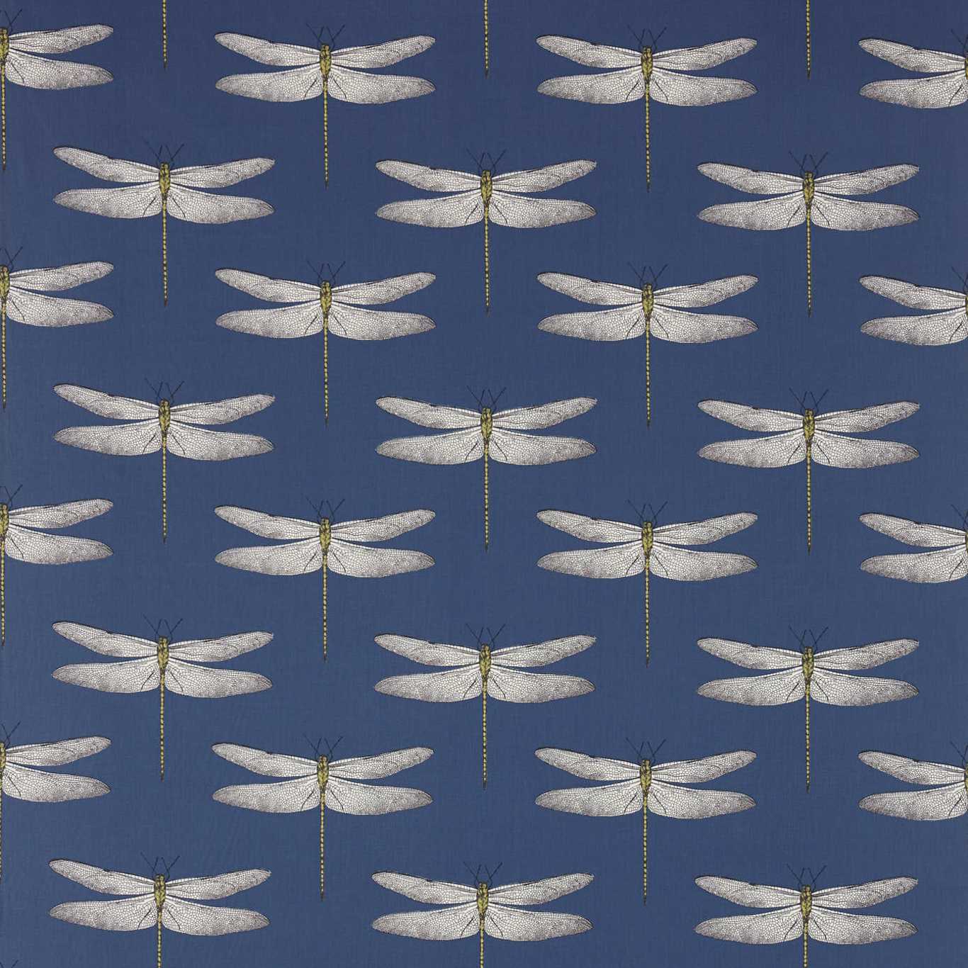 Demoiselle fabric with a repeating dragonfly pattern in chartreuse ink.