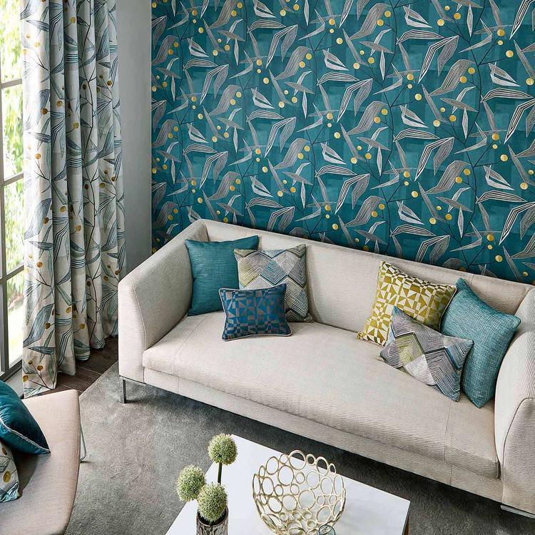 Harlequin Entity Teal Linden wallpaper geometric designer wallcovering luxury accent wall for living room bedroom office contemporary modern interiors