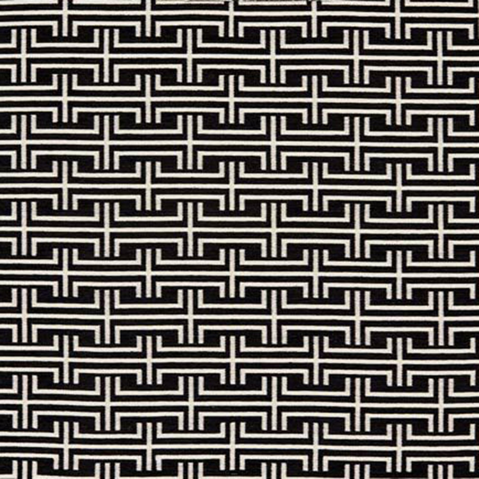 Black chenille fabric with a Greek key meander geometric pattern