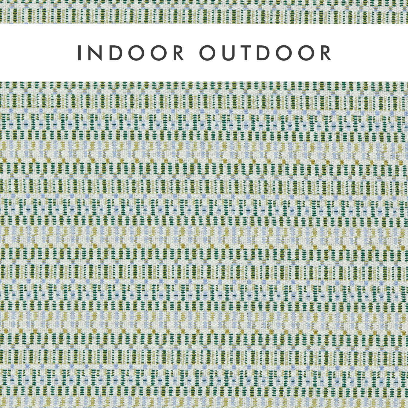 Woven fabric in a checks pattern with Mallard, Grass and Iris colors on a light gray base; indoor/outdoor use.