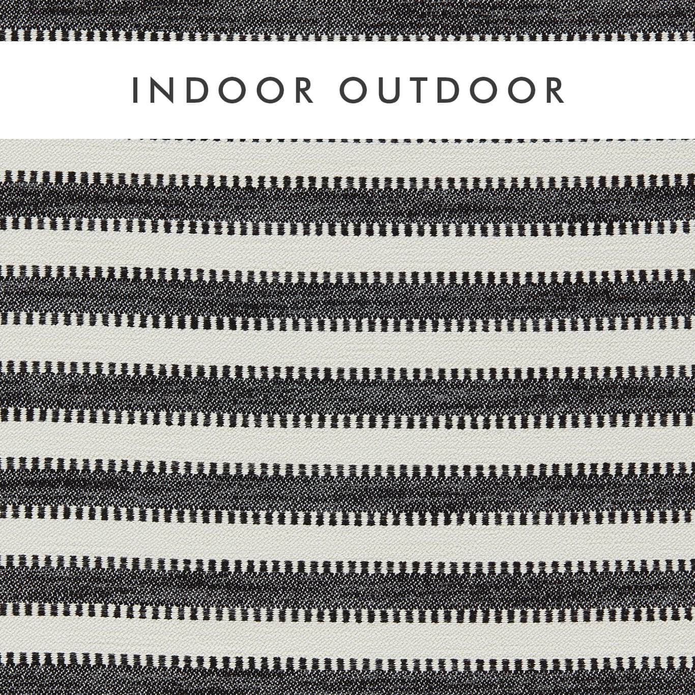 Striped woven fabric in Black Earth and Chalk with dotted accent lines.