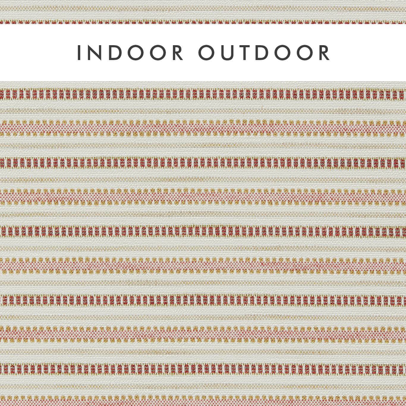 Cream indoor-outdoor striped fabric with red and gold dotted bands, woven texture, perfect for cushions or upholstery.