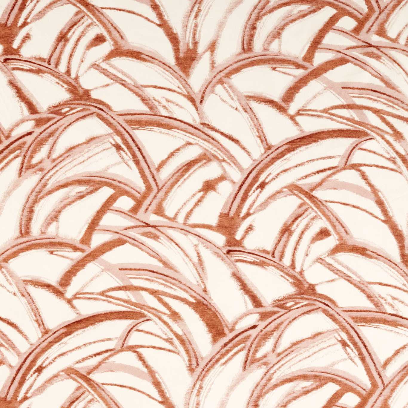 Abstract kimono fabric in burnt terracotta and blush with brush-stroke lines on ivory background.