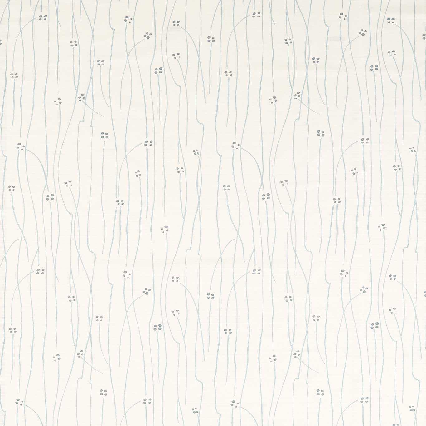 White fabric with light blue wavy vertical lines and small gray dot clusters.
