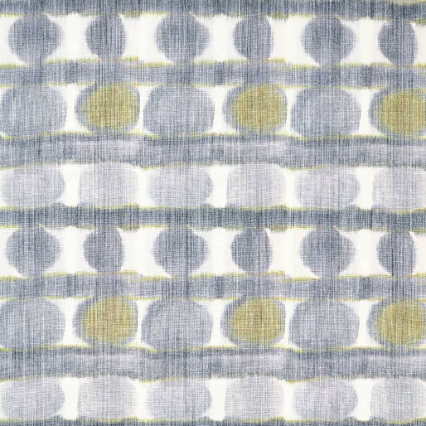 Fabric with repeating blue-gray and white oval motifs and olive-yellow circles in a soft brushed pattern.