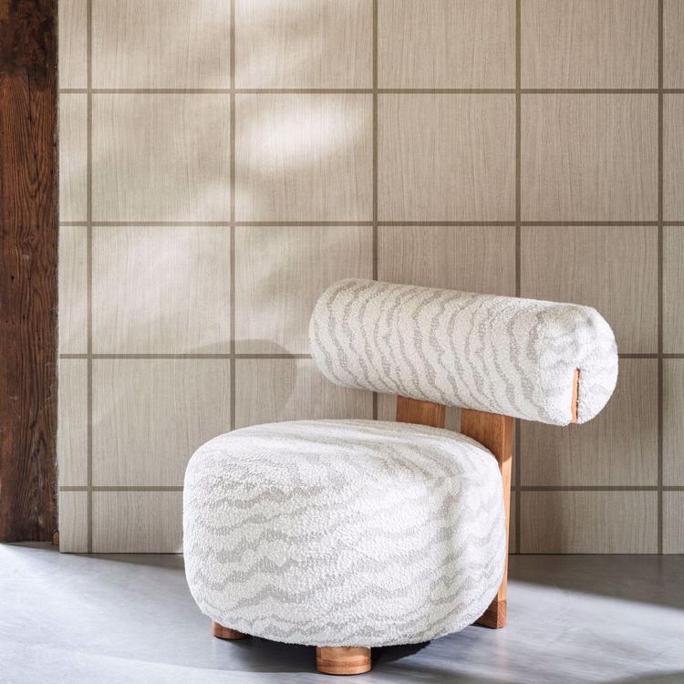 Ash/Taupe Gloss Wood Blocks wallpaper by Harlequin — faux‑wood veneer vertical panels in neutral taupe, elegant for modern interiors.
