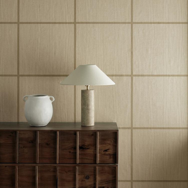 Ash/Taupe Gloss Wood Blocks wallpaper by Harlequin — faux‑wood veneer vertical panels in neutral taupe, elegant for modern interiors.