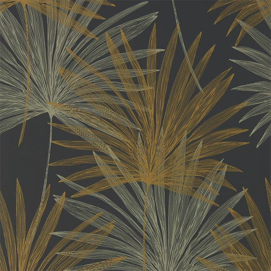 HARLEQUIN Mitende Wallpaper Leaves , Trees Jet,Gold  Rotary Printed Wallpaper - HMIW112227