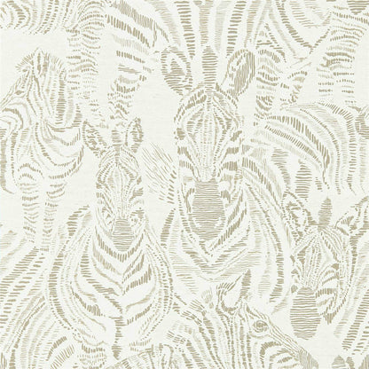 Beige wallpaper with a damask-style pattern featuring animal motifs in gilver and oyster tones.