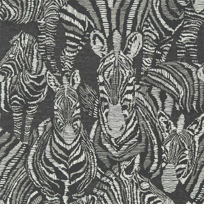 Gray and white zebra-striped wallpaper with repeating zebra motifs in a bold safari-inspired pattern.