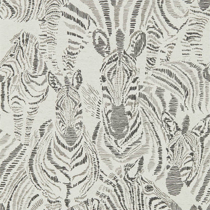 Beige wallpaper featuring a gray zebra pattern in a decorative tapestry-style print.