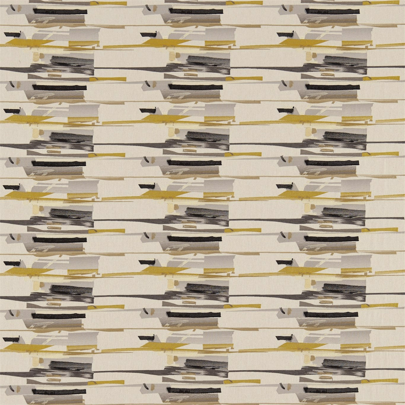Abstract charcoal, mustard and onyx pattern with overlapping horizontal brush-stroke bands; fabric.