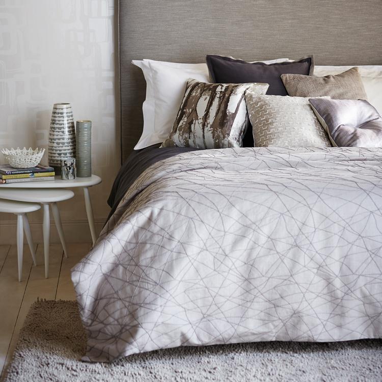 Harlequin Koto Dove fabric featuring abstract embroidery on soft dove-gray linen blend; perfect for upholstery, drapery, and luxury interior accents.