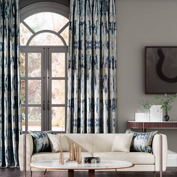 Harlequin Takara Indigo blue jacquard upholstery fabric by the yard with abstract shibori pattern, ideal for curtains, drapery, cushions, and modern interior design, featuring rich denim blue tones and designer textile quality