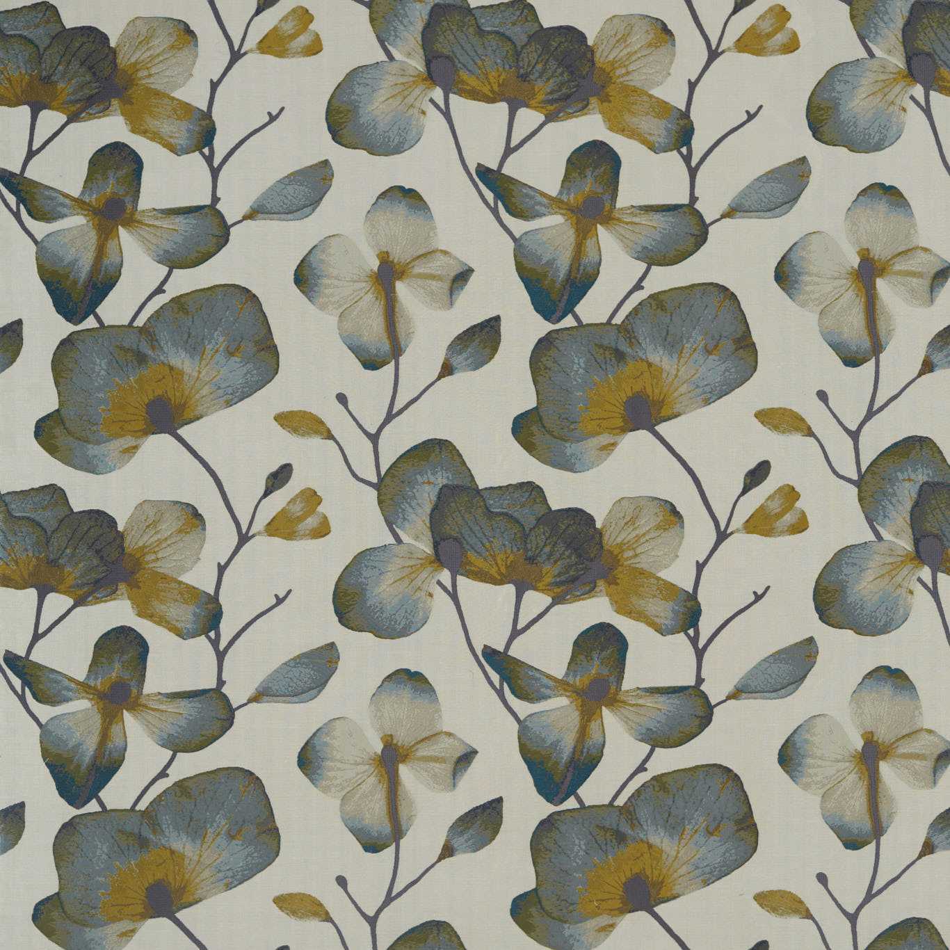 Cream background with blue-gray flowers and golden centers on slender brown stems; repeating botanical pattern.